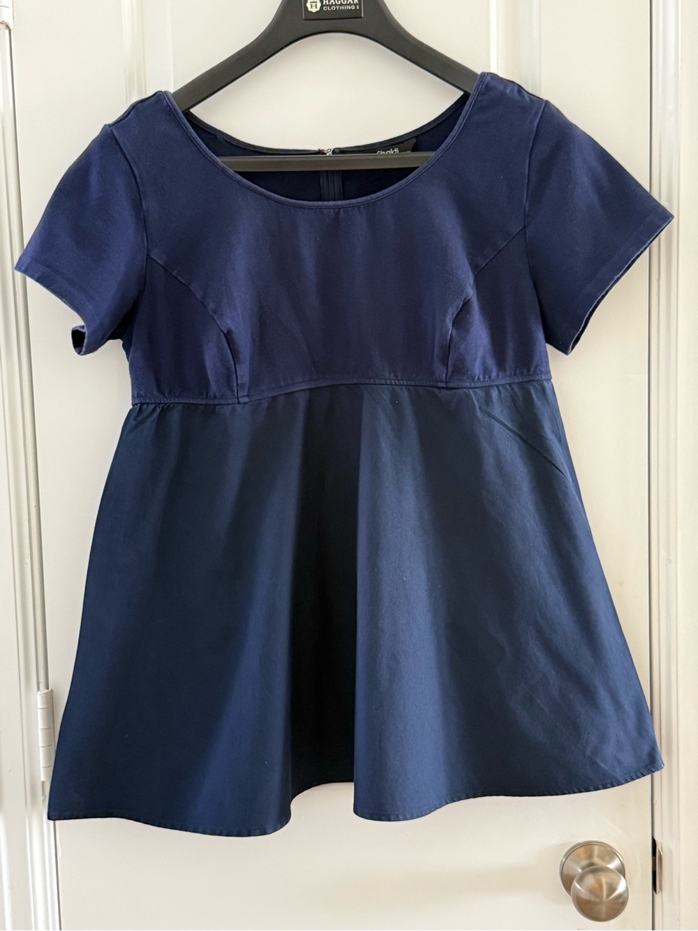 eShakti Womens Navy Blue Empire Waist Short Sleeve A-Line Tunic Shirt